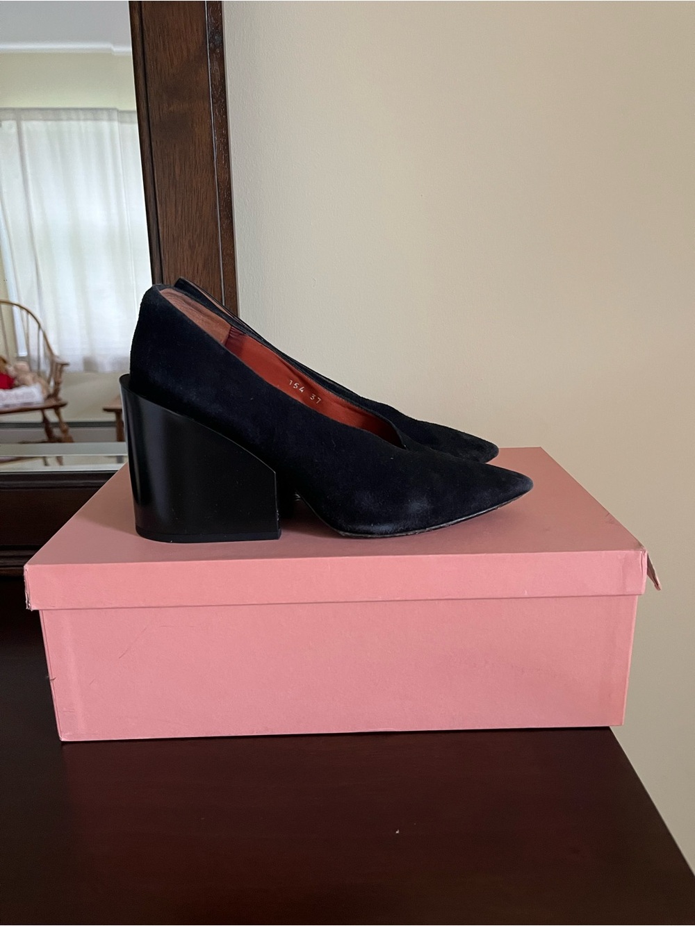 Acne Black Suede Pointed Block Heel Pumps size 37